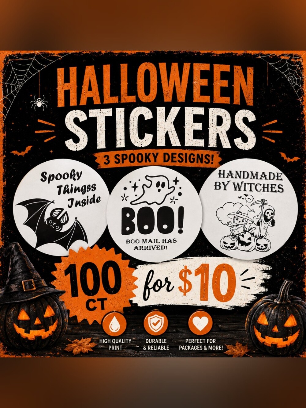 Halloween Stickers 100ct, 2in Diameter- White & Black